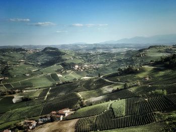 High angle view of agricultural field against sky