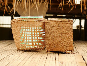 Close-up of wicker basket on table