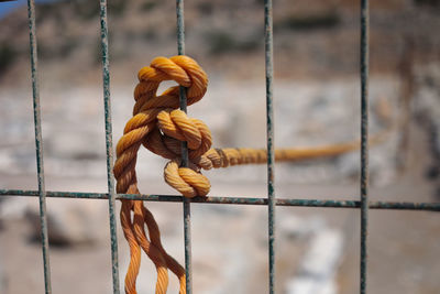 Close-up of rope tied to metal fence