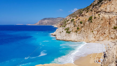 Scenic view of sea against clear blue sky