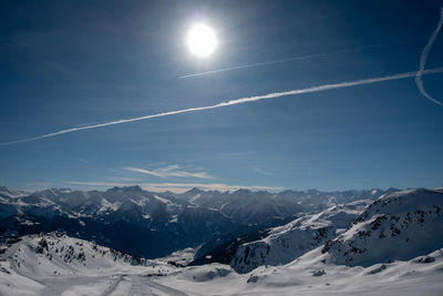 Scenic view of snowcapped mountains against sky