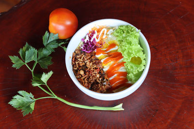 High angle view of breakfast served on table