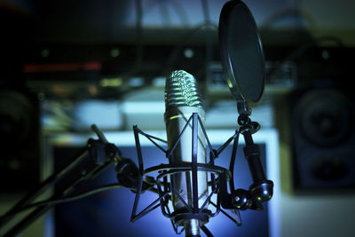 Announcer microphone on recording studio background. no people