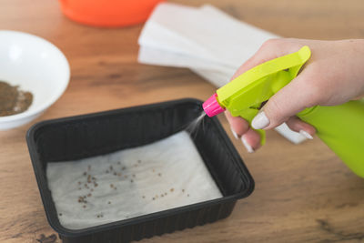 Cropped hand of woman holding paintbrush on table