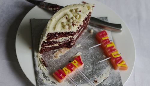 High angle view of cake in plate on table