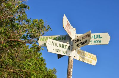 Low angle view of information sign against sky