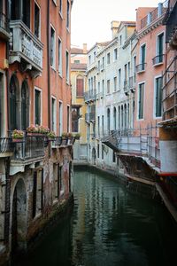 Canal in city against sky