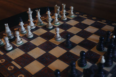 High angle view of chess pieces