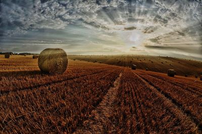 Hay bales on field against sky