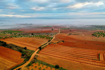 High angle view of field against sky