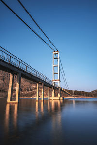 Low angle view of bridge over river against clear blue sky