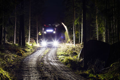 Truck in forest at night