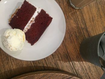 High angle view of cake in plate on table