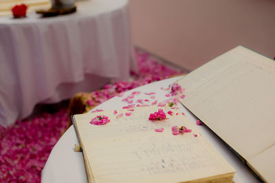 High angle view of book on table