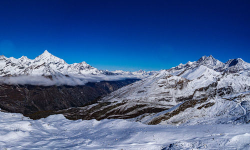 Scenic view of snowcapped mountains against clear blue sky