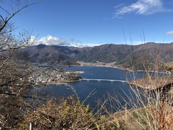 Scenic view of lake and mountains against sky