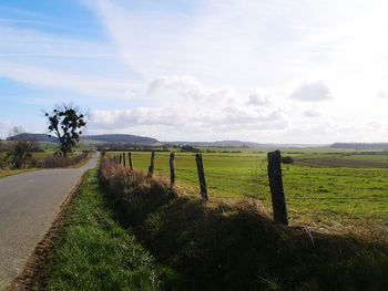 Scenic view of field against blue sky