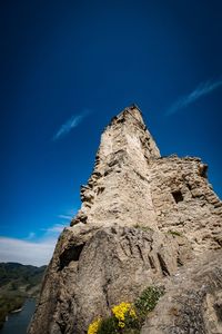 Low angle view of rock formations against blue sky