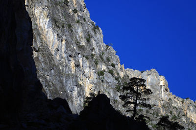 Low angle view of rock formation against clear blue sky