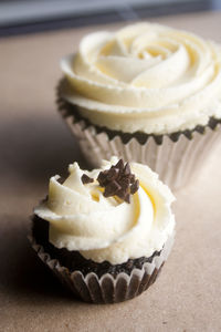 High angle view of cupcake on table