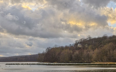 Scenic view of calm lake against cloudy sky