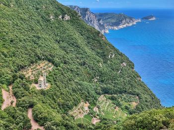 High angle view of sea and mountains