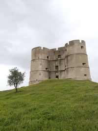 Low angle view of fort on field against sky