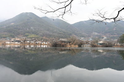 Scenic view of lake and mountains against sky