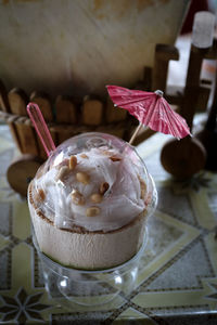 Close-up of ice cream on table