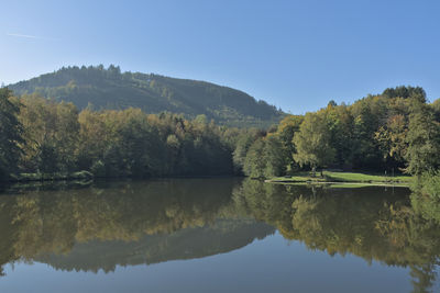 Scenic view of lake and trees against clear sky