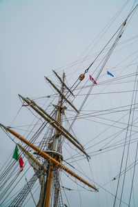 Low angle view of flags hanging against clear sky