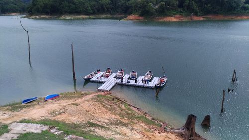 High angle view of people on boat in river