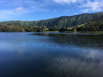 Scenic view of lake by mountains against sky