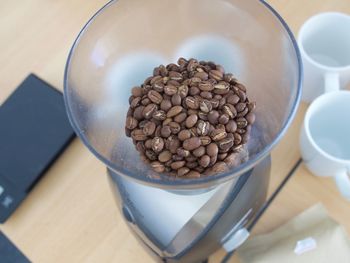 High angle view of coffee beans on table