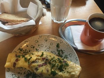 High angle view of breakfast on table