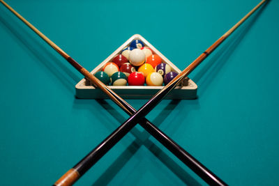 High angle view of pool balls on table