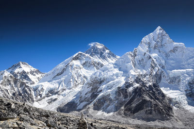 Scenic view of snowcapped mountains against clear blue sky