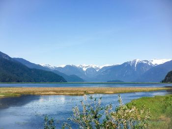 Scenic view of lake with mountain range in background