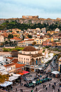 High angle view of buildings in city