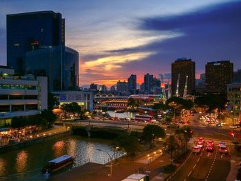 City lit up at sunset