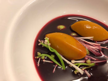 High angle view of soup in bowl