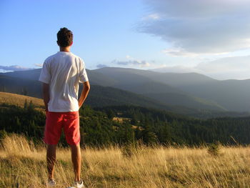 Rear view of man looking at mountains while standing on field