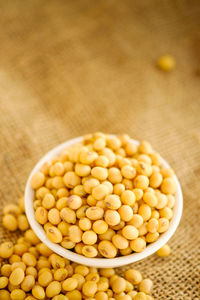 High angle view of eggs in bowl on table