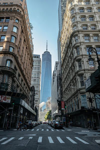 View of city street and modern buildings