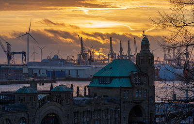 Buildings in city during sunset