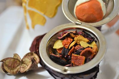 High angle view of food in plate on table