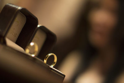 Close-up of wedding rings in boxes