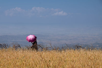 Pink umbrella on field against sky