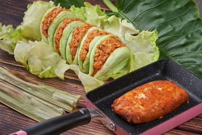High angle view of meat and leaves on table