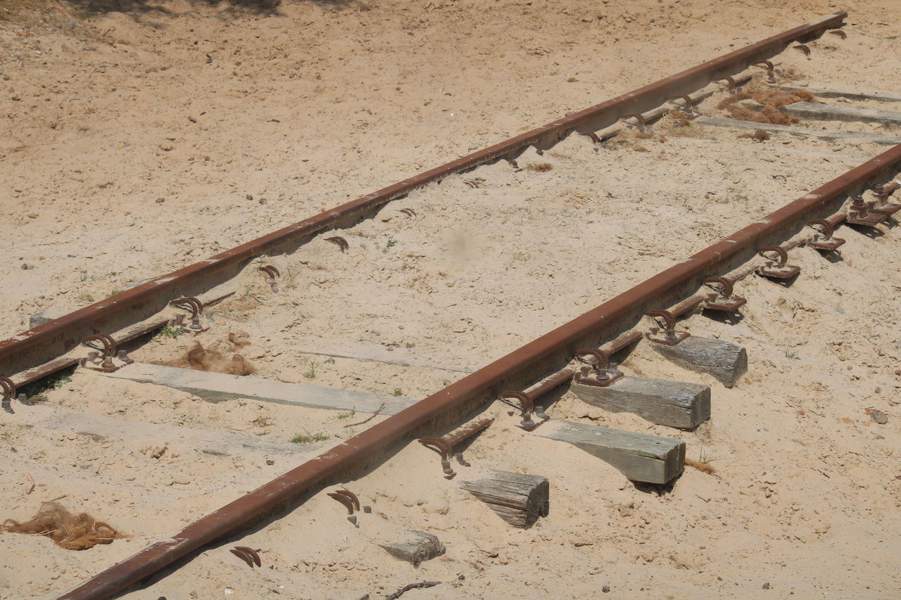 HIGH ANGLE VIEW OF METAL CHAIN ON SAND